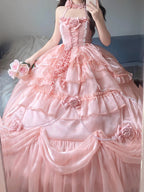 Hime Lolita Tea Party Fashion Pink Organza Ball Gown Lolita Dress with Rose Dress