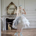 Hime Lolita Tea Party Fashion Whimsical Blue Bow White Lace Dress