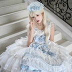 Hime Lolita Tea Party Fashion Whimsical Blue Bow White Lace Dress