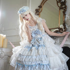 Hime Lolita Tea Party Fashion Whimsical Blue Bow White Lace Dress
