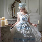 Hime Lolita Tea Party Fashion Whimsical Blue Bow White Lace Dress