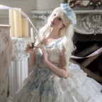 Hime Lolita Tea Party Fashion Whimsical Blue Bow White Lace Dress