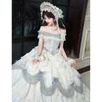 Hime Lolita Tea Party Fashion White Regal Off Shoulder Lace Dress