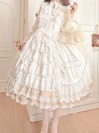 Hime Lolita Tea Party Fashion White Wedding Whimsical Cross Embroidered Ball Gown