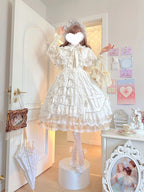 Hime Lolita Tea Party Fashion White Wedding Whimsical Cross Embroidered Ball Gown