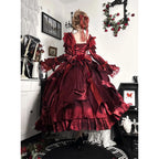 Hime Lolita Red Rose Fluffy Princess Dress with Safflower for Christmas Tea Party Fashion