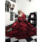 Hime Lolita Red Rose Fluffy Princess Dress with Safflower for Christmas Tea Party Fashion