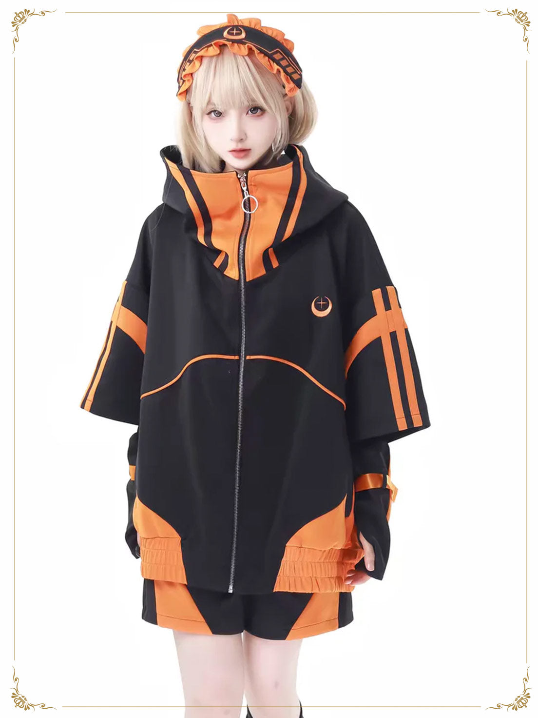 Jirai Kei Fashion Cyberpunk Techwear Set Orange Black Teal Black Futuristic Hoodie Oversized Sleeve Streetwear Edgy Outfit