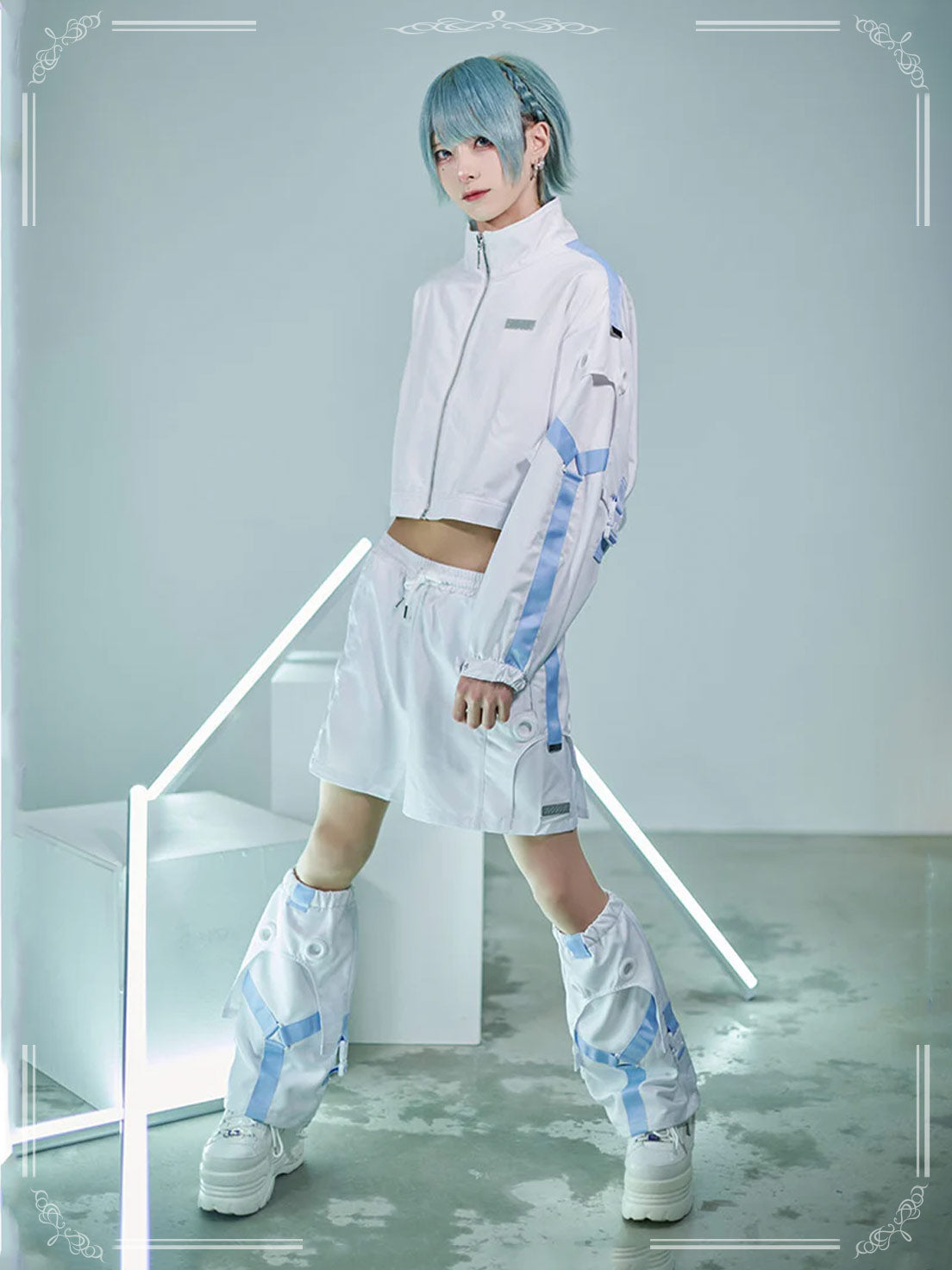 Jirai Kei Fashion Cyberpunk Techwear Set White Black Futuristic Shorts Jacket Oversized Sleeve Harajuku Streetwear Edgy Daily Outfit
