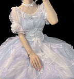 Hime Lolita Light Blue Lace Fluffy Dress Flower Wedding Summer