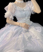 Hime Lolita Light Blue Lace Fluffy Dress Flower Wedding Summer