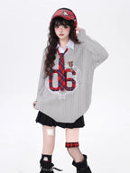 Design Concept:

This Lolita Blouses knit sweater combines classic collegiate charm with modern Sweet Lolita flair. Crafted in black and gray, the design features a two-layer faux-off-shoulder style with delicate embroidery along the neckline and cuffs. The loose fit ensures comfort for all-day wear, while the included tie adds a polished, school-inspired touch. Perfect for autumn casual outings, this sweater effortlessly blends cozy warmth with cute, playful style.