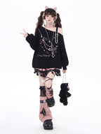 Design Concept:
This Lolita Blouses piece combines sweet charm with subtle edginess, featuring a black and pink color palette and delicate embroidered detailing. The off-shoulder design adds a playful and relaxed vibe, while the loose fit ensures comfort for everyday wear. Perfect for early spring casual outings, tea parties, or layering with other Lolita and streetwear pieces, it brings a soft yet stylish touch to any outfit.
