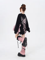 This Lolita blouse-style crewneck sweatshirt comes in soft pink and classic black, blending sweet charm with a cool casual vibe. Designed with delicate bow tie-up details, it adds a playful and feminine touch while keeping a relaxed, loose fit that’s perfect for layering in autumn. Comfortable yet stylish, it’s ideal for casual outings, daily wear, or pairing with Lolita-inspired coordinates for a cozy seasonal look.