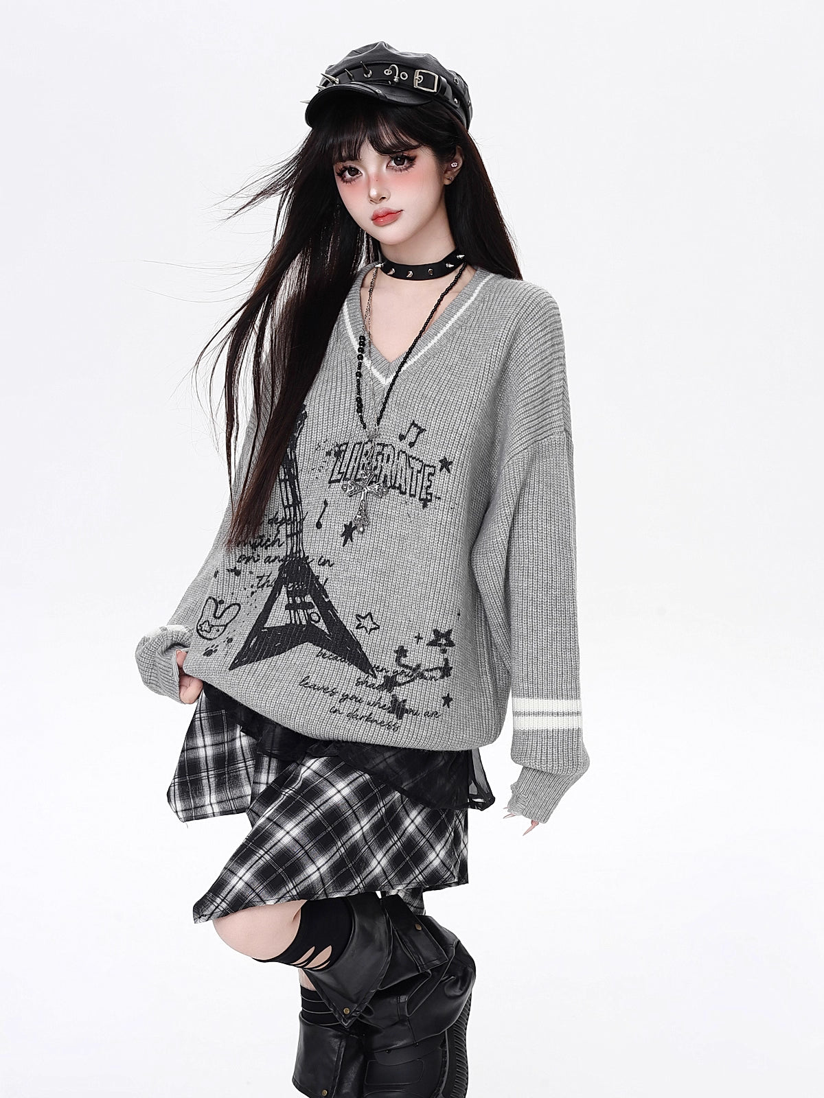 Design Concept:

This Lolita Blouses Gray Apricot Sweet Rock Guitar V-Neck Loose Fit Long Sleeve Knit Sweater New Casual Top combines edgy musical charm with cozy comfort. Crafted in soft knit fabric, the sweater features a subtle guitar-inspired design that adds a unique punk-rock flair. The relaxed V-neck and loose fit make it perfect for layering or wearing alone, while the long sleeves provide warmth during cooler days. Its versatile gray and apricot color palette allows easy pairing with skirts, pants,