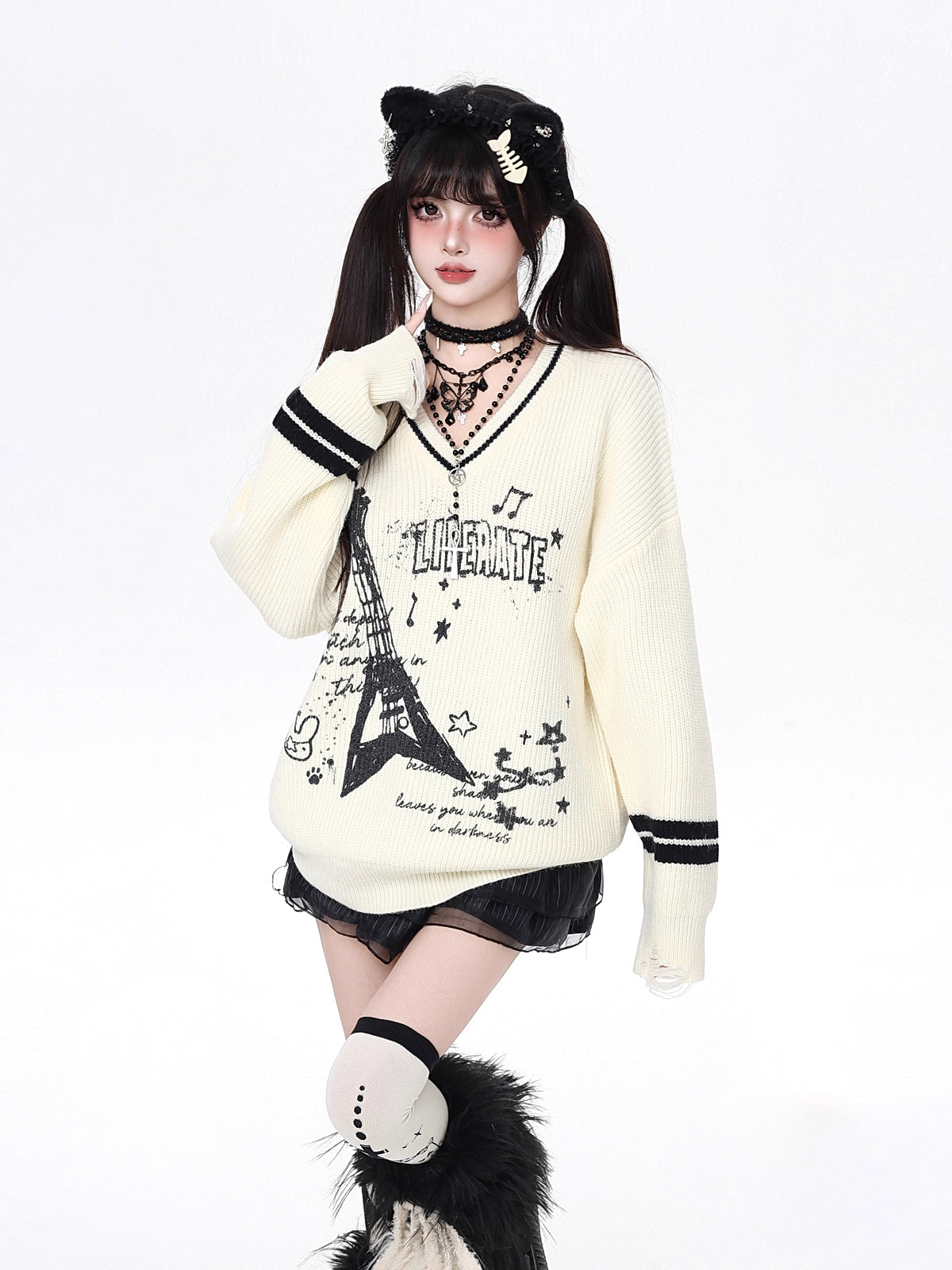 Design Concept:

This Lolita Blouses Gray Apricot Sweet Rock Guitar V-Neck Loose Fit Long Sleeve Knit Sweater New Casual Top combines edgy musical charm with cozy comfort. Crafted in soft knit fabric, the sweater features a subtle guitar-inspired design that adds a unique punk-rock flair. The relaxed V-neck and loose fit make it perfect for layering or wearing alone, while the long sleeves provide warmth during cooler days. Its versatile gray and apricot color palette allows easy pairing with skirts, pants,