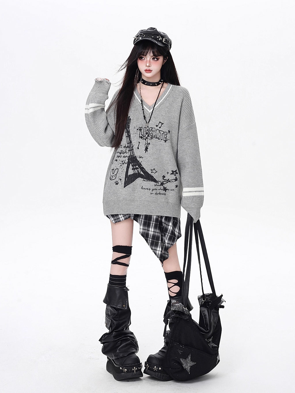 Design Concept:

This Lolita Blouses Gray Apricot Sweet Rock Guitar V-Neck Loose Fit Long Sleeve Knit Sweater New Casual Top combines edgy musical charm with cozy comfort. Crafted in soft knit fabric, the sweater features a subtle guitar-inspired design that adds a unique punk-rock flair. The relaxed V-neck and loose fit make it perfect for layering or wearing alone, while the long sleeves provide warmth during cooler days. Its versatile gray and apricot color palette allows easy pairing with skirts, pants,