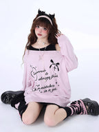 Design Concept:
This Lolita blouse comes in pink, black, and gray, blending sweet aesthetics with a touch of edgy street style. Designed with an off-shoulder cut and distressed details, it brings a playful yet bold charm to autumn and winter outfits. The two-layered fake design adds depth and a casual layering effect without extra bulk, while the soft knit fabric ensures warmth and comfort. Perfect for both daily wear and street fashion, this loose-fit sweater captures a youthful, carefree vibe with a subtl
