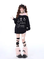 Design Concept:
This Lolita blouse comes in pink, black, and gray, blending sweet aesthetics with a touch of edgy street style. Designed with an off-shoulder cut and distressed details, it brings a playful yet bold charm to autumn and winter outfits. The two-layered fake design adds depth and a casual layering effect without extra bulk, while the soft knit fabric ensures warmth and comfort. Perfect for both daily wear and street fashion, this loose-fit sweater captures a youthful, carefree vibe with a subtl