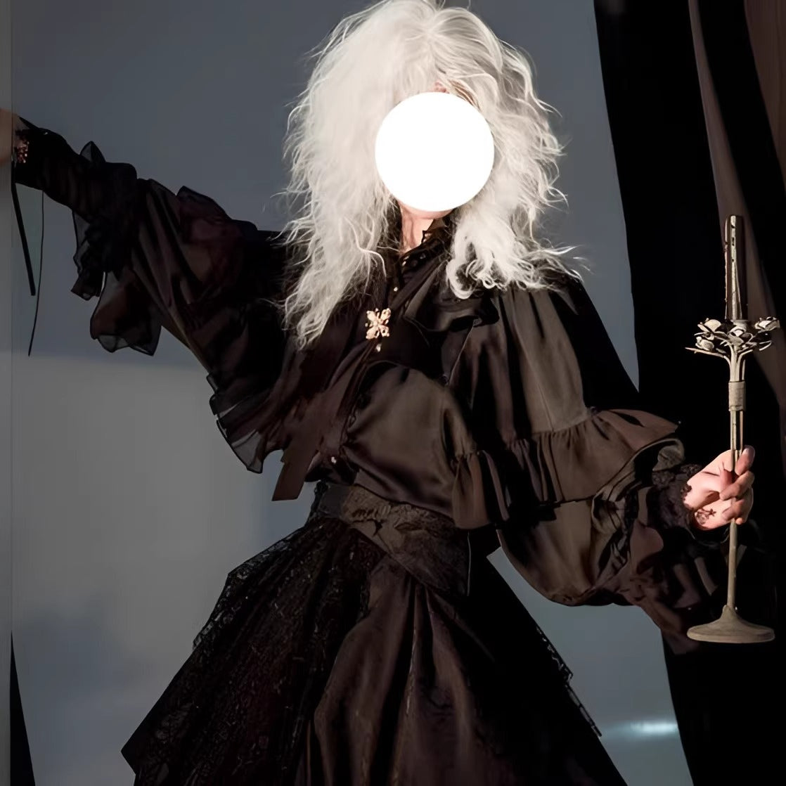 Design Concept:

This Lolita blouse features dramatic bat sleeves with a Gothic medieval charm, blending elegance and boldness in one piece. Available in red, white, apricot, black, and silver, it offers versatile styling for different moods and occasions. The soft yet structured fabric ensures comfort while maintaining a vintage silhouette, perfect for pairing with Lolita skirts, shorts, or layered coordinates. Whether for daily wear, themed gatherings, or cosplay events, this blouse adds a striking statem