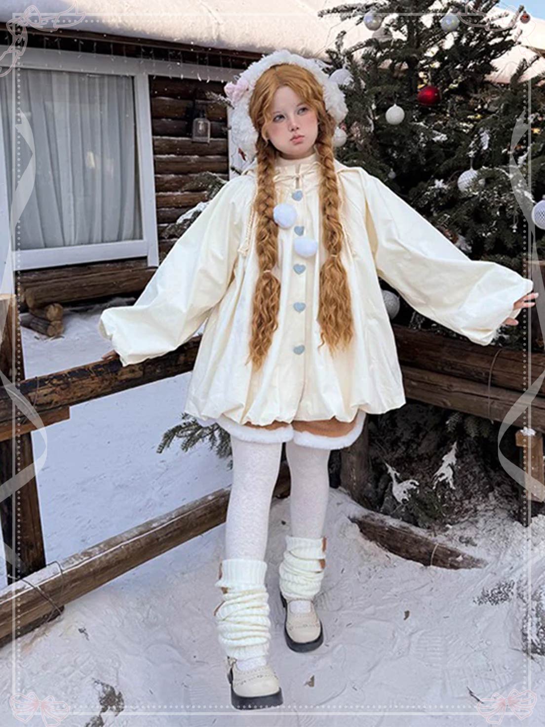 Lolita Coat Cream Blue Hooded Winter Plush Loose Cape Jacket for Winter