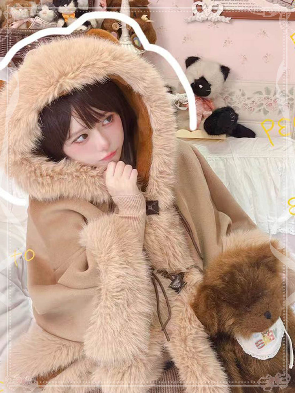 Lolita Coat Cute Woolen Cape Thick Warm Fleece Outerwear for Autumn Winter