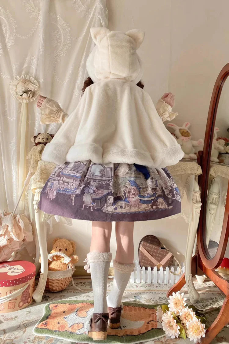 This Lolita coat in ivory features an adorable hood with kitty ears, designed in a sweet cape style. The cloak overcoat silhouette creates a soft and elegant flow, while the playful details highlight the charming Lolita aesthetic. Perfect for autumn and winter, it provides both warmth and cuteness, making it an ideal outerwear choice for pairing with Lolita dresses and accessories.