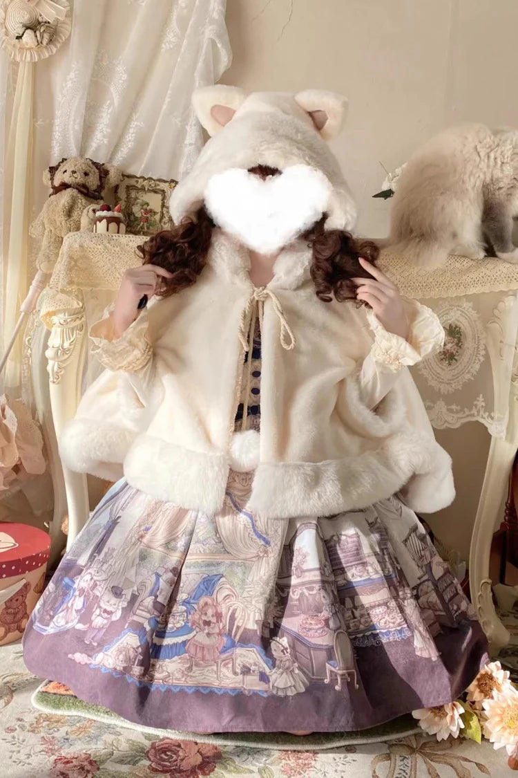 This Lolita coat in ivory features an adorable hood with kitty ears, designed in a sweet cape style. The cloak overcoat silhouette creates a soft and elegant flow, while the playful details highlight the charming Lolita aesthetic. Perfect for autumn and winter, it provides both warmth and cuteness, making it an ideal outerwear choice for pairing with Lolita dresses and accessories.