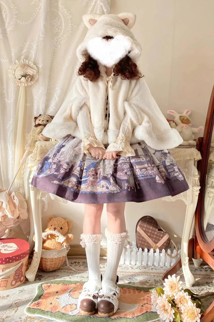 This Lolita coat in ivory features an adorable hood with kitty ears, designed in a sweet cape style. The cloak overcoat silhouette creates a soft and elegant flow, while the playful details highlight the charming Lolita aesthetic. Perfect for autumn and winter, it provides both warmth and cuteness, making it an ideal outerwear choice for pairing with Lolita dresses and accessories.