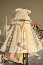 This Lolita coat in ivory features an adorable hood with kitty ears, designed in a sweet cape style. The cloak overcoat silhouette creates a soft and elegant flow, while the playful details highlight the charming Lolita aesthetic. Perfect for autumn and winter, it provides both warmth and cuteness, making it an ideal outerwear choice for pairing with Lolita dresses and accessories.