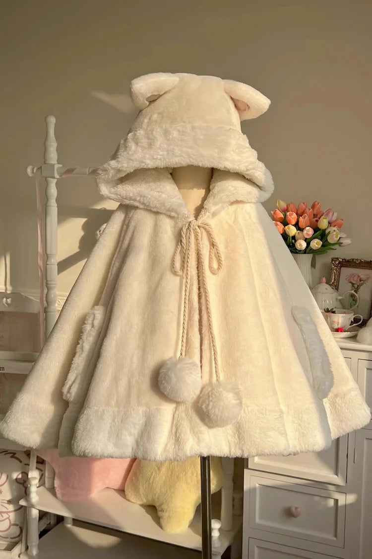 This Lolita coat in ivory features an adorable hood with kitty ears, designed in a sweet cape style. The cloak overcoat silhouette creates a soft and elegant flow, while the playful details highlight the charming Lolita aesthetic. Perfect for autumn and winter, it provides both warmth and cuteness, making it an ideal outerwear choice for pairing with Lolita dresses and accessories.