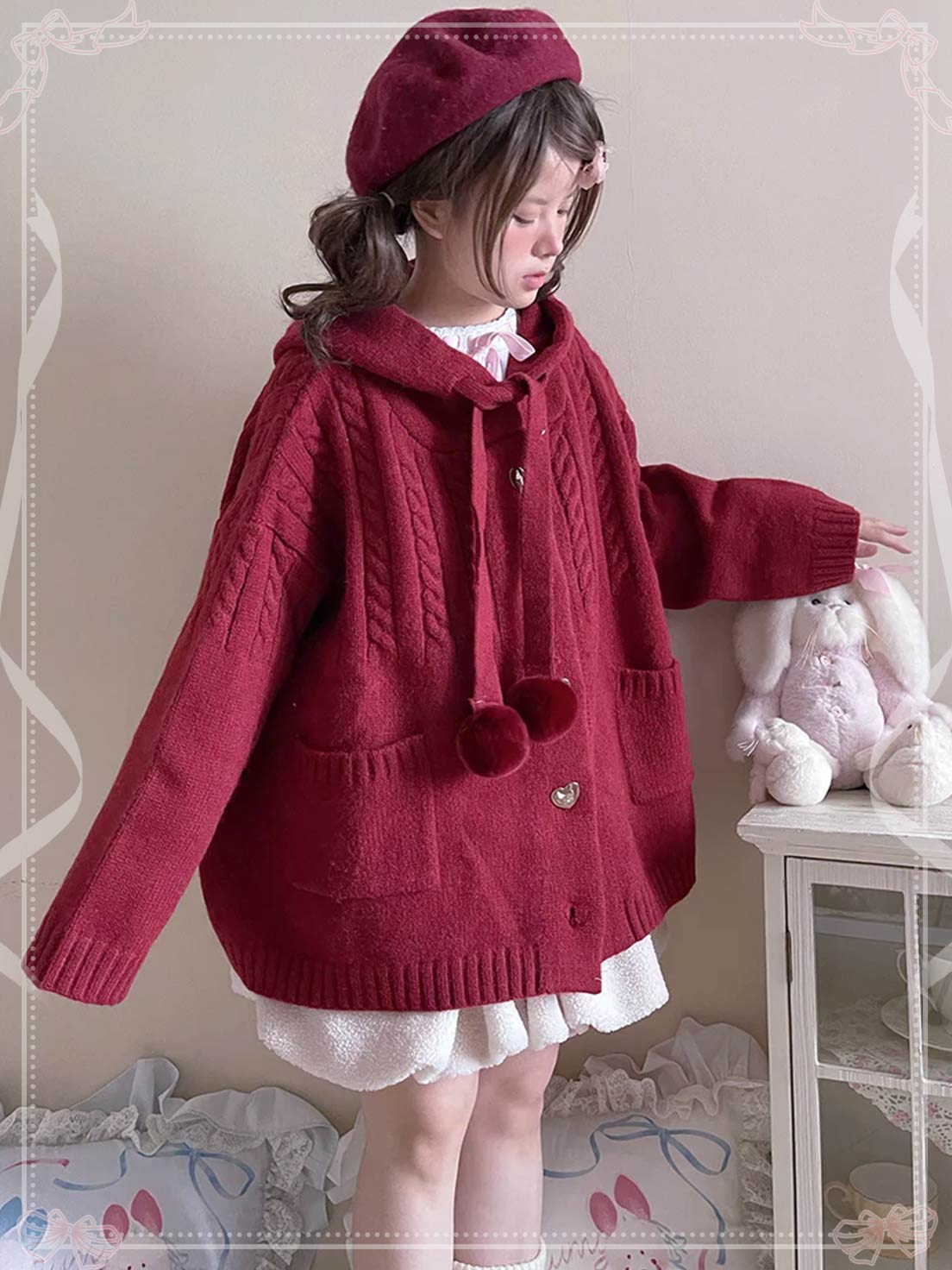 Lolita Coat Multicolor Hooded Knit Cardigan Cute Lazy Style Open Front Sweater
