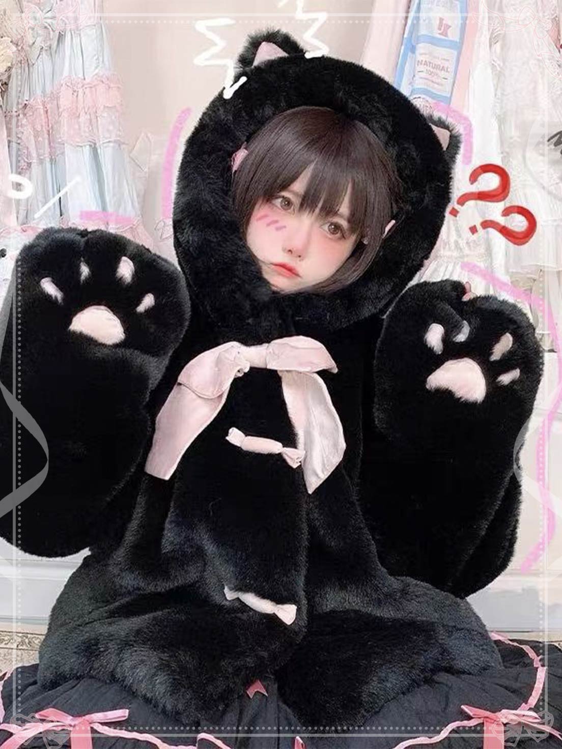 Lolita Coat Overcoat Beige Plush Cat Paw Quilted Soft Cute Autumn Winter Outfit