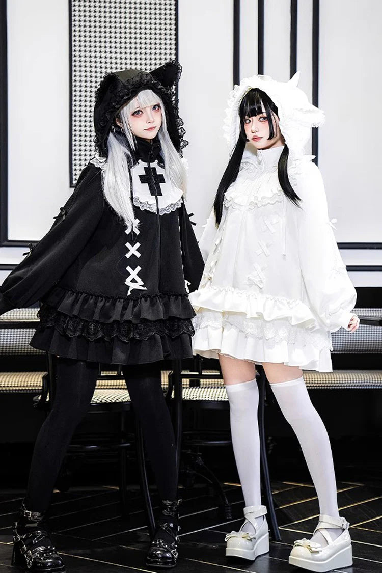 Design Concept:

This Lolita coat in white features long sleeves with delicate frill accents and a convenient zip-up front. Designed in a charming and cute Lolita style, the sweatshirt-inspired jacket combines comfort with playful elegance. Perfect for daily wear, casual outings, or layering over dresses, it adds a sweet and whimsical touch to any Lolita outfit.