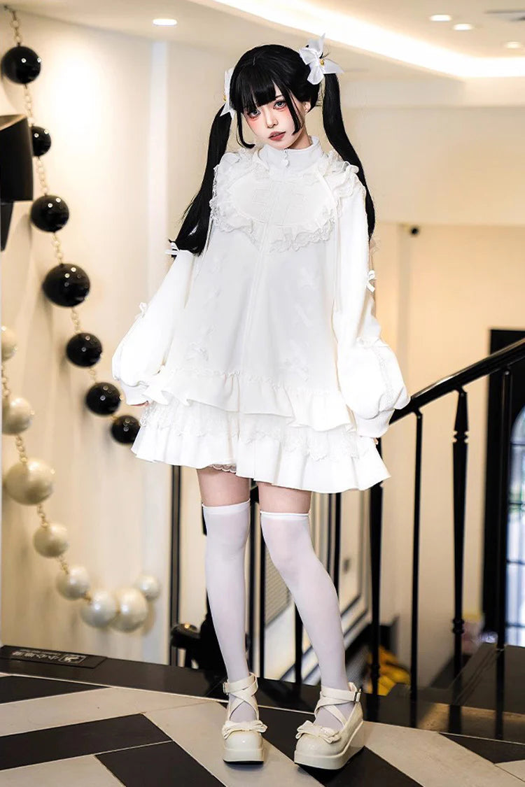 Design Concept:

This Lolita coat in white features long sleeves with delicate frill accents and a convenient zip-up front. Designed in a charming and cute Lolita style, the sweatshirt-inspired jacket combines comfort with playful elegance. Perfect for daily wear, casual outings, or layering over dresses, it adds a sweet and whimsical touch to any Lolita outfit.