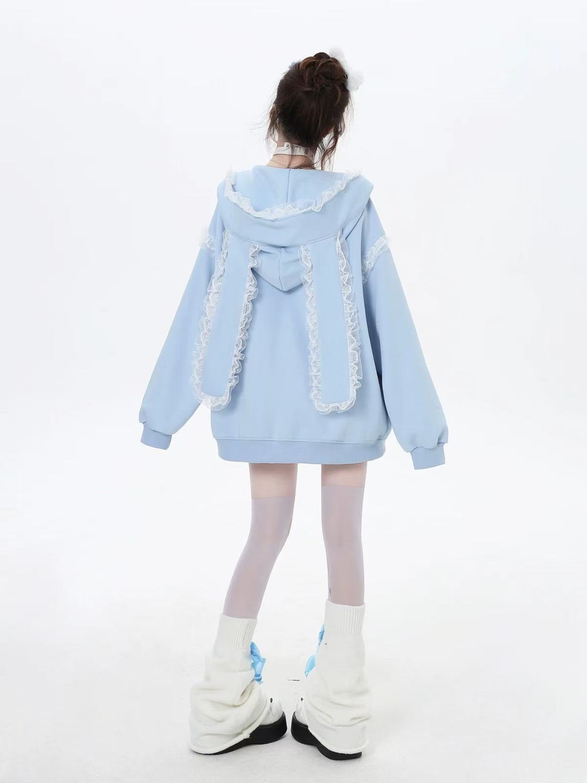 Design Concept:
This Lolita hoodie coat in baby blue blends a youthful and dreamy aesthetic with cozy wearability. Designed with delicate lace details and an embroidered bow, it features playful rabbit ears on the hood that add a charming, doll-like touch. The loose fit makes it comfortable for everyday wear, while the lightweight fabric is perfect for spring outings. Ideal for casual daily styling or tea party gatherings, this coat offers both sweetness and elegance, making it a versatile piece for any Lol