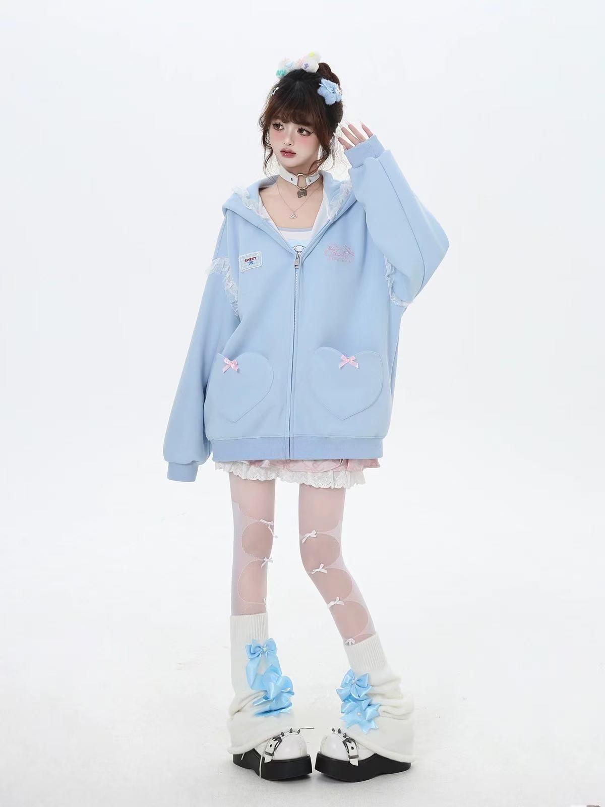 Design Concept:
This Lolita hoodie coat in baby blue blends a youthful and dreamy aesthetic with cozy wearability. Designed with delicate lace details and an embroidered bow, it features playful rabbit ears on the hood that add a charming, doll-like touch. The loose fit makes it comfortable for everyday wear, while the lightweight fabric is perfect for spring outings. Ideal for casual daily styling or tea party gatherings, this coat offers both sweetness and elegance, making it a versatile piece for any Lol