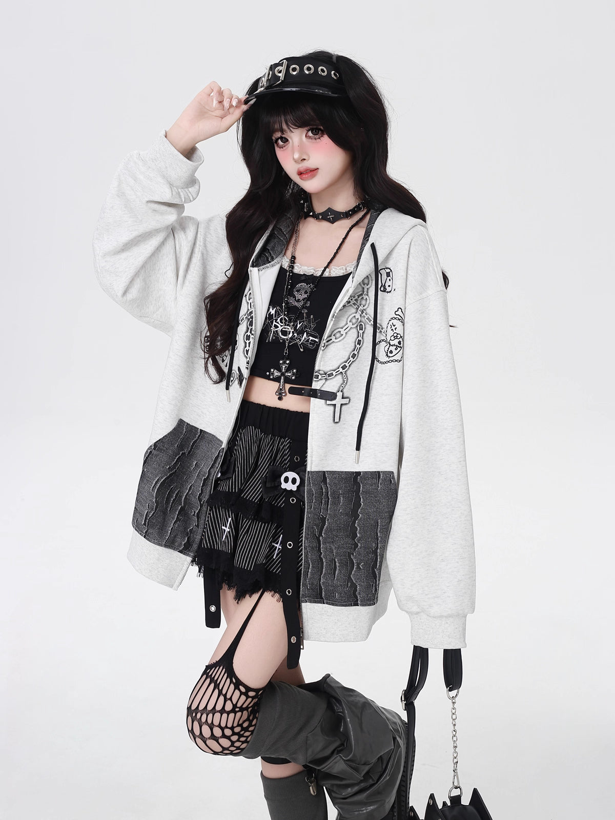 Design Concept:

This Lolita Coats hoodie combines a playful Gothic punk aesthetic with everyday comfort. Crafted in black and light gray, it features a charming cat print and a unique necklace detail that adds a subtle touch of whimsy. Designed for a loose fit, the hoodie offers relaxed wearability while maintaining a stylish silhouette. Perfect for autumn casual outings, this versatile piece pairs effortlessly with skirts, pants, or layered Lolita outfits, bringing a sweet yet edgy vibe to your streetwear