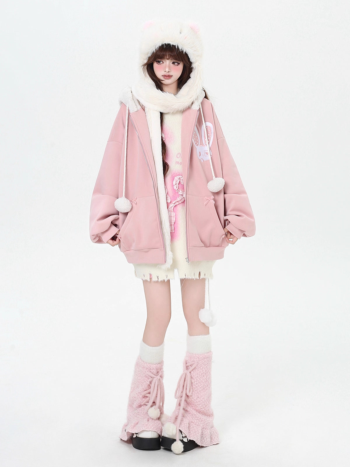 Design Concept:
This Lolita Coats fleece-lined hoodie combines playful charm with cozy warmth, crafted in black and pink with a soft, plush interior perfect for cooler days. The design features cute bunny ear accents and a relaxed loose fit, making it ideal for casual winter streetwear, daily outings, or themed photoshoots. Its sweet and youthful aesthetic pairs effortlessly with skirts, jeans, or layered outfits, offering both comfort and style for Lolita and Y2K fashion enthusiasts.