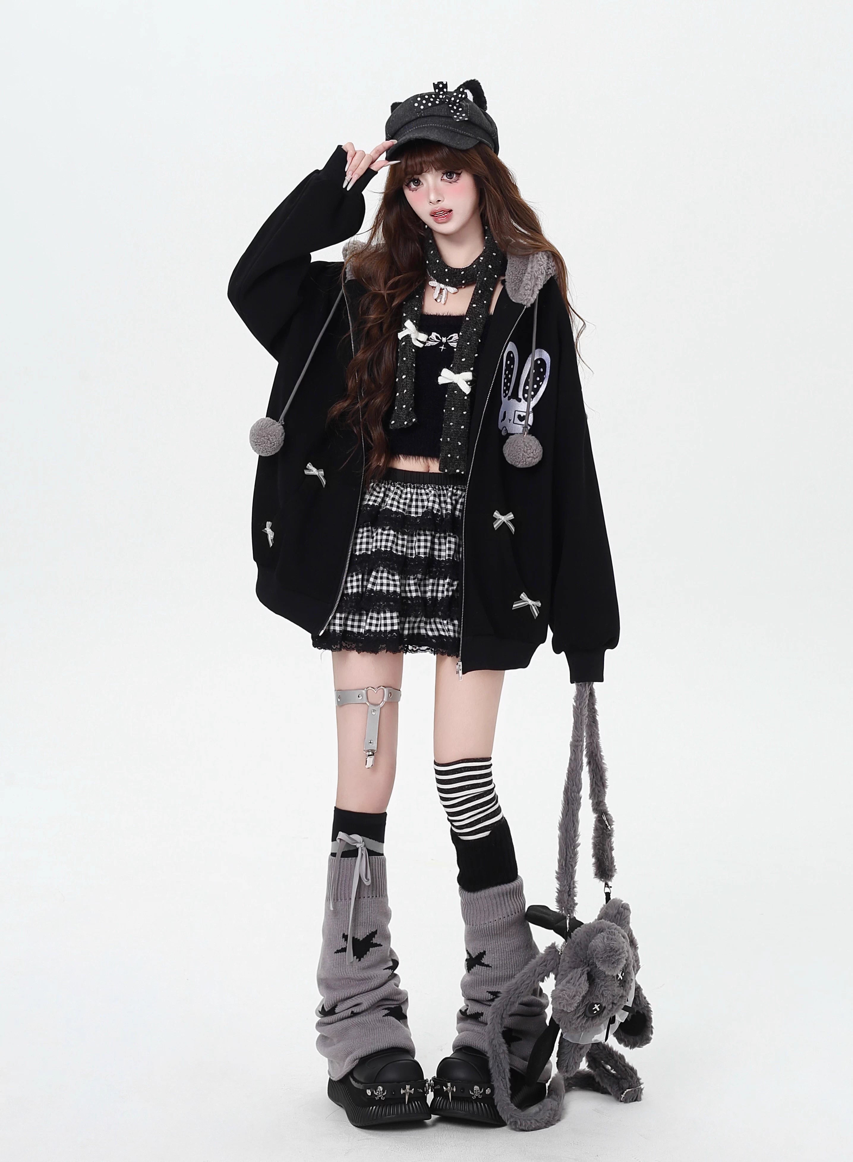 Design Concept:
This Lolita Coats fleece-lined hoodie combines playful charm with cozy warmth, crafted in black and pink with a soft, plush interior perfect for cooler days. The design features cute bunny ear accents and a relaxed loose fit, making it ideal for casual winter streetwear, daily outings, or themed photoshoots. Its sweet and youthful aesthetic pairs effortlessly with skirts, jeans, or layered outfits, offering both comfort and style for Lolita and Y2K fashion enthusiasts.