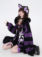 Design Concept:
This Lolita coat series fuses Gothic punk style with cozy winter functionality. Designed in black with purple, white, and gray striped variations, the cardigan sweater features a detachable faux fur collar, lantern sleeves, and a loose hooded design. The detachable collar allows you to switch between a bold streetwear look and a softer, cozier winter vibe.&nbsp;Crafted from soft knit fabric, this piece ensures both comfort and warmth during colder days. Perfect for casual winter streetwear, 