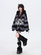 Design Concept:
This Lolita coat series fuses Gothic punk style with cozy winter functionality. Designed in black with purple, white, and gray striped variations, the cardigan sweater features a detachable faux fur collar, lantern sleeves, and a loose hooded design. The detachable collar allows you to switch between a bold streetwear look and a softer, cozier winter vibe.&nbsp;Crafted from soft knit fabric, this piece ensures both comfort and warmth during colder days. Perfect for casual winter streetwear, 