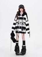 Design Concept:
This Lolita coat series fuses Gothic punk style with cozy winter functionality. Designed in black with purple, white, and gray striped variations, the cardigan sweater features a detachable faux fur collar, lantern sleeves, and a loose hooded design. The detachable collar allows you to switch between a bold streetwear look and a softer, cozier winter vibe.&nbsp;Crafted from soft knit fabric, this piece ensures both comfort and warmth during colder days. Perfect for casual winter streetwear, 