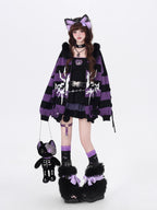 Design Concept:
This Lolita coat series fuses Gothic punk style with cozy winter functionality. Designed in black with purple, white, and gray striped variations, the cardigan sweater features a detachable faux fur collar, lantern sleeves, and a loose hooded design. The detachable collar allows you to switch between a bold streetwear look and a softer, cozier winter vibe.&nbsp;Crafted from soft knit fabric, this piece ensures both comfort and warmth during colder days. Perfect for casual winter streetwear, 