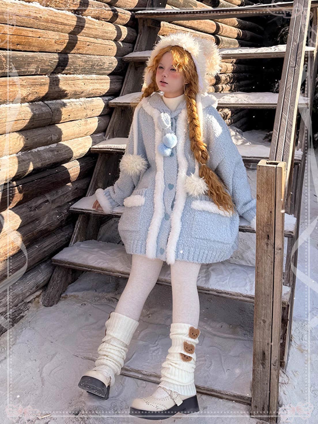 Lolita Coats Labeau Blue White Pom Pom Sweetheart Hooded Cardigan Winter Loose Thick Coat