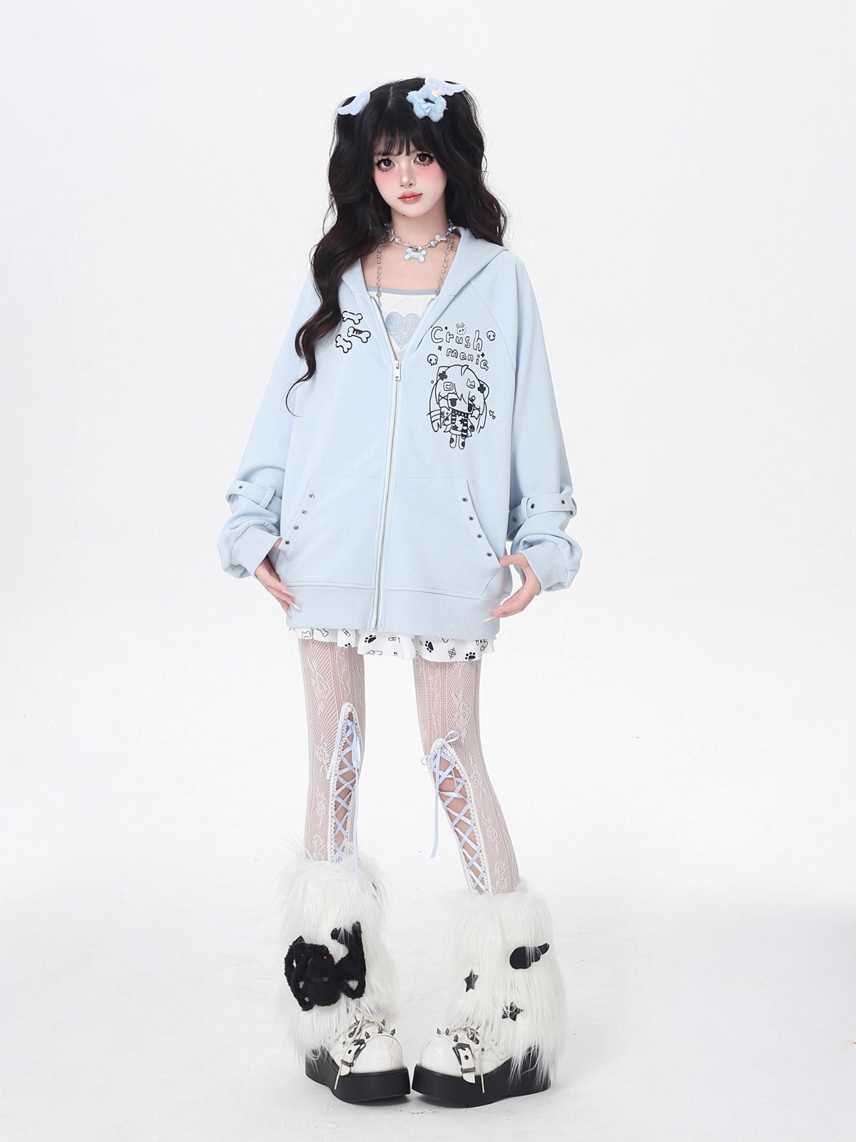 [Pre]Lolita Coats Light Gray Blue Black Cat Ear Cartoon Print Cute Fit Autumn Casual Outerwear