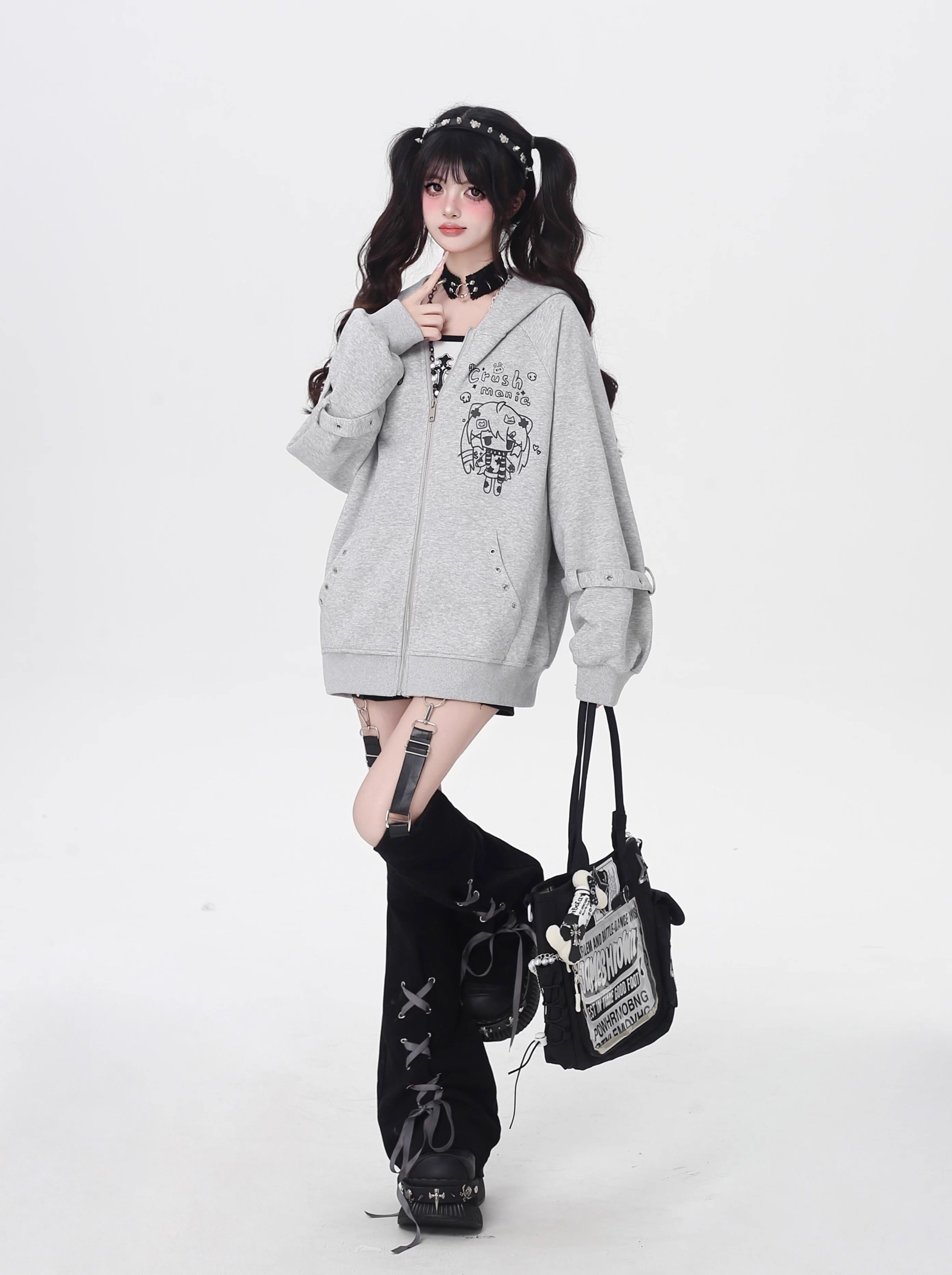 [Pre]Lolita Coats Light Gray Blue Black Cat Ear Cartoon Print Cute Fit Autumn Casual Outerwear
