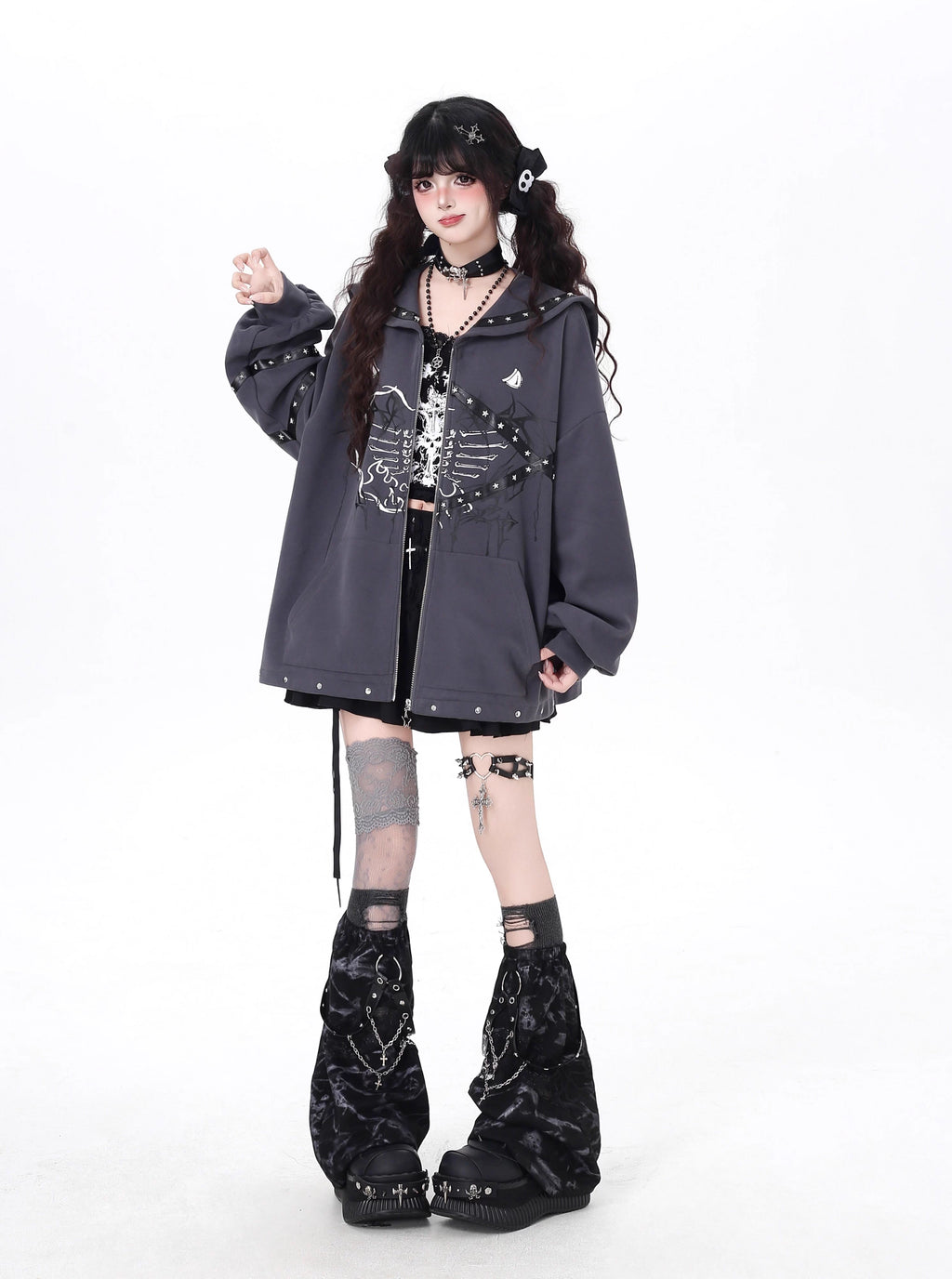 This Lolita coat blends a gothic aesthetic with a Japanese sailor-inspired design, creating a unique fusion of dark romance and subculture charm. Available in light gray and dark gray, the outerwear features a loose fit that ensures both comfort and style, making it an essential layering piece for the autumn season.The sailor collar adds a touch of vintage-inspired elegance, while the relaxed silhouette brings a modern casual vibe perfect for daily wear. Its versatile shades of gray provide easy coordinatio