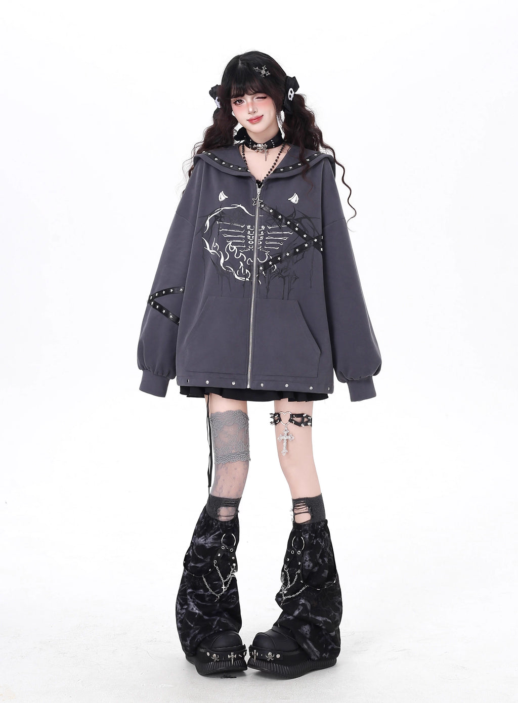 This Lolita coat blends a gothic aesthetic with a Japanese sailor-inspired design, creating a unique fusion of dark romance and subculture charm. Available in light gray and dark gray, the outerwear features a loose fit that ensures both comfort and style, making it an essential layering piece for the autumn season.The sailor collar adds a touch of vintage-inspired elegance, while the relaxed silhouette brings a modern casual vibe perfect for daily wear. Its versatile shades of gray provide easy coordinatio