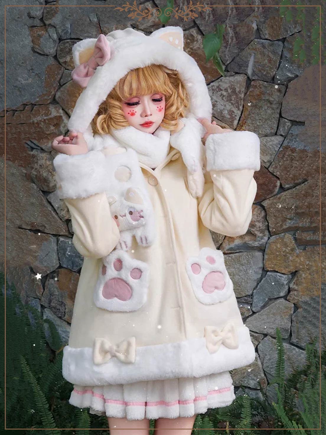 Lolita Coats Print Cat Ear Hooded Long Sleeve Bow Sweet Casual Coat 3 Colors